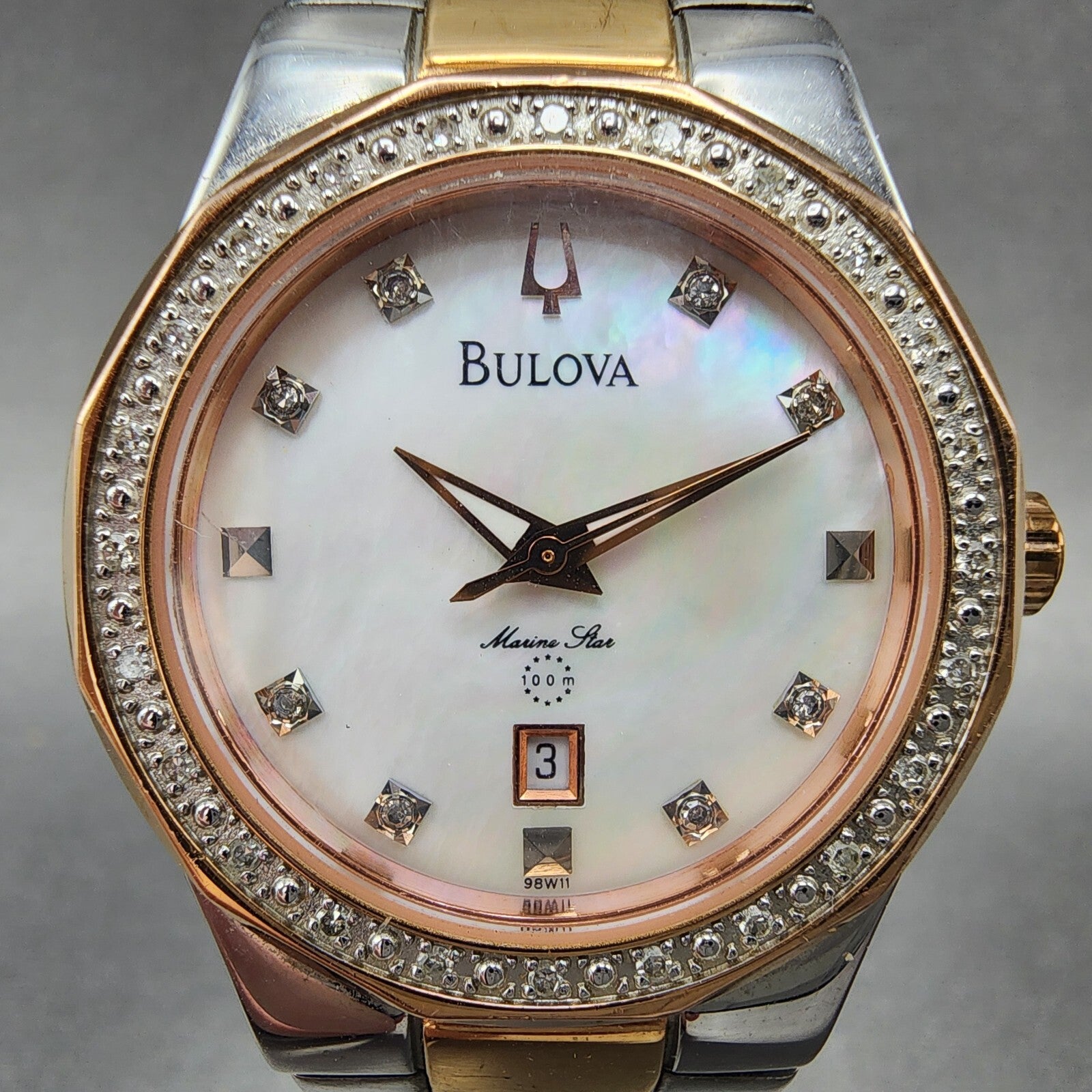 Bulova Marine Star Watch Women 30mm MOP Dial Two Tone Date Diamonds 98W11 NewBat1