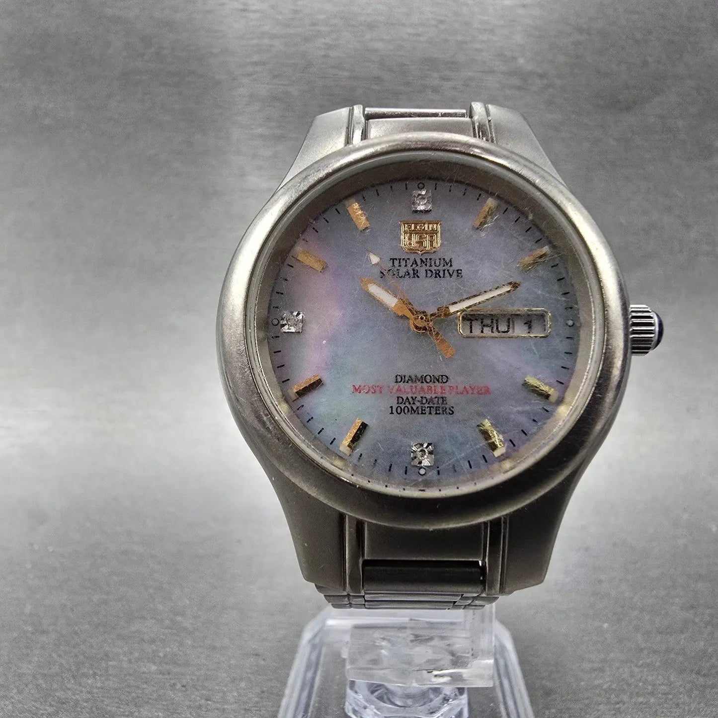 Elgin Solar Watch Men 36mm MOP Dial Titanium Daydate Round FK-1251 Runs5