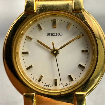 Seiko Watch Women 24mm White Dial Gold Tone Round V701-1781 New Battery Vintage1