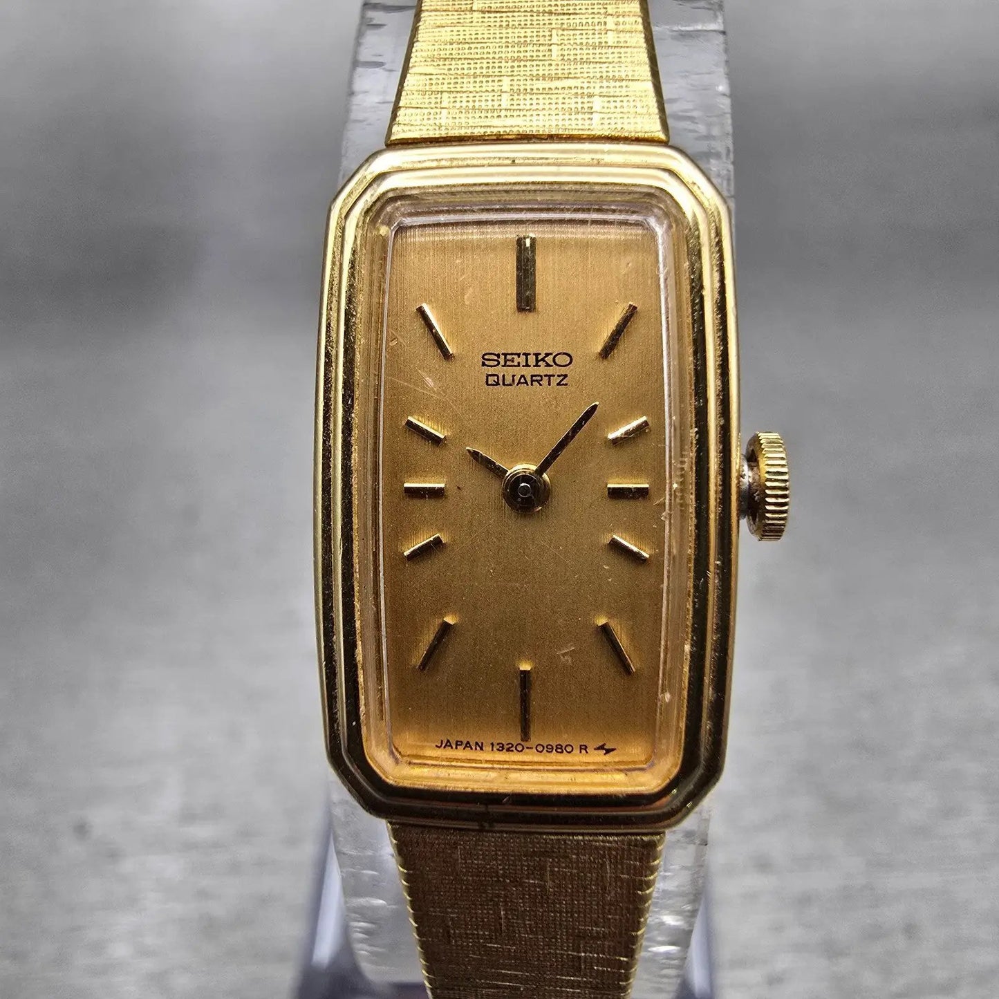 Seiko Watch Women 13mm Gold Dial Gold Tone Rectangle 1320-5770 New Battery VTG0