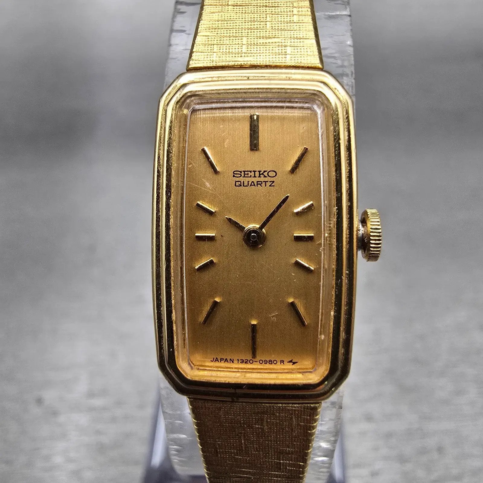 Seiko Watch Women 13mm Gold Dial Gold Tone Rectangle 1320-5770 New Battery VTG0