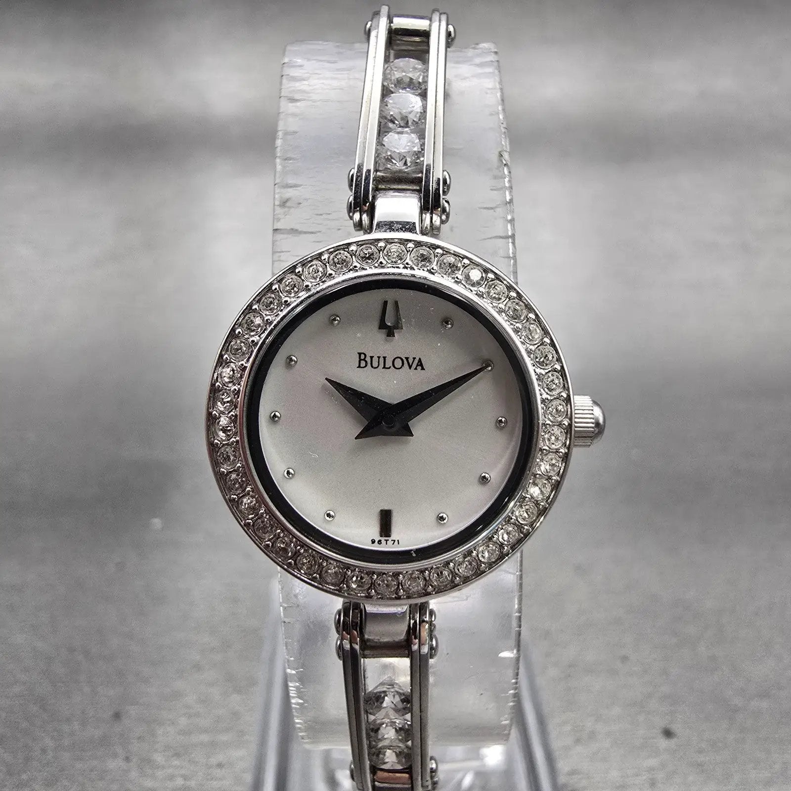 Bulova Watch Women 20mm MOP Dial Silver Tone Gemmed Round 96T71 New Battery0