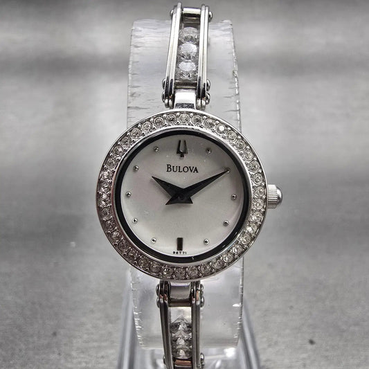 Bulova Watch Women 20mm MOP Dial Silver Tone Gemmed Round 96T71 New Battery0