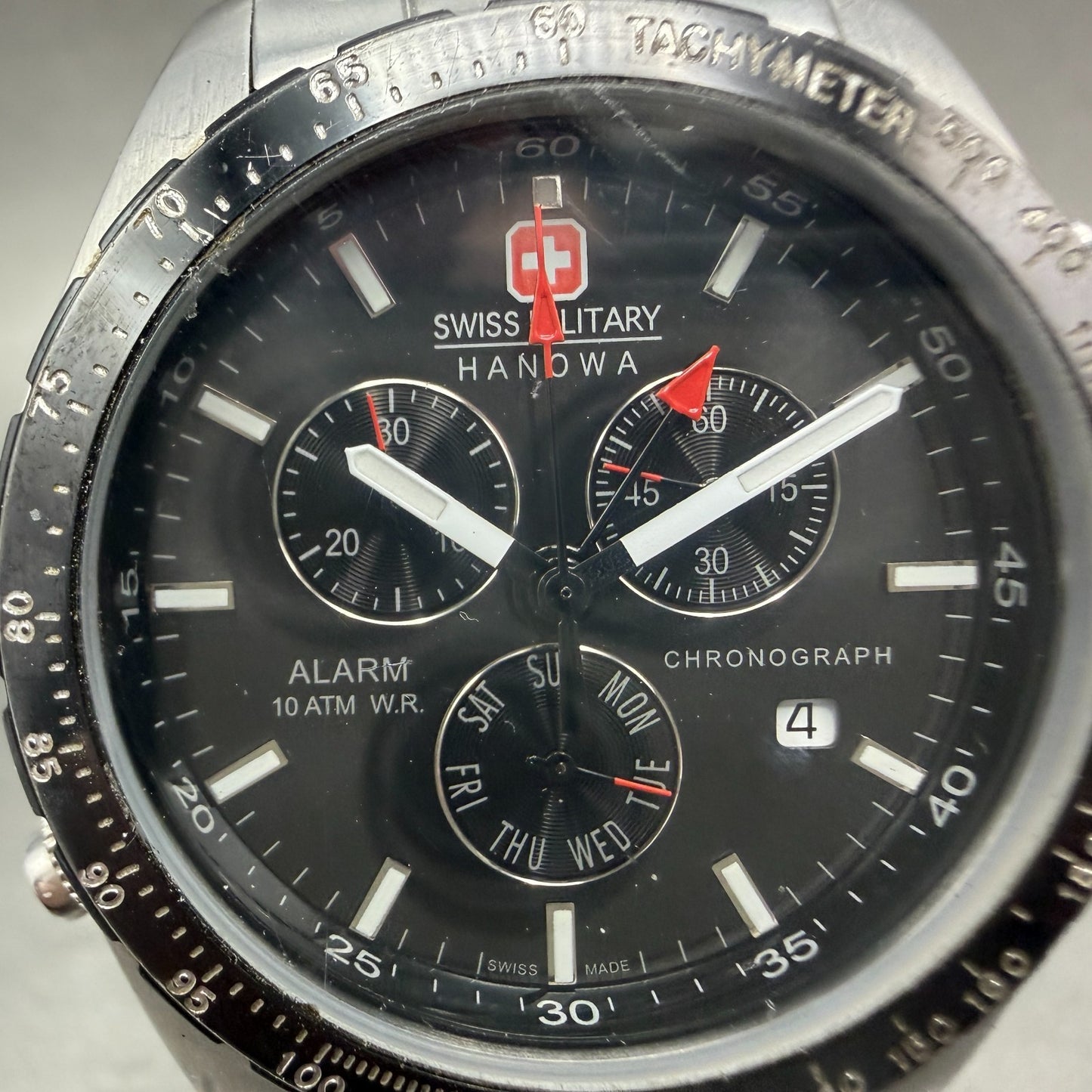 Swiss Military Chronograph Watch Men 40mm Black Dial Silver Alarm Daydate NewBat1