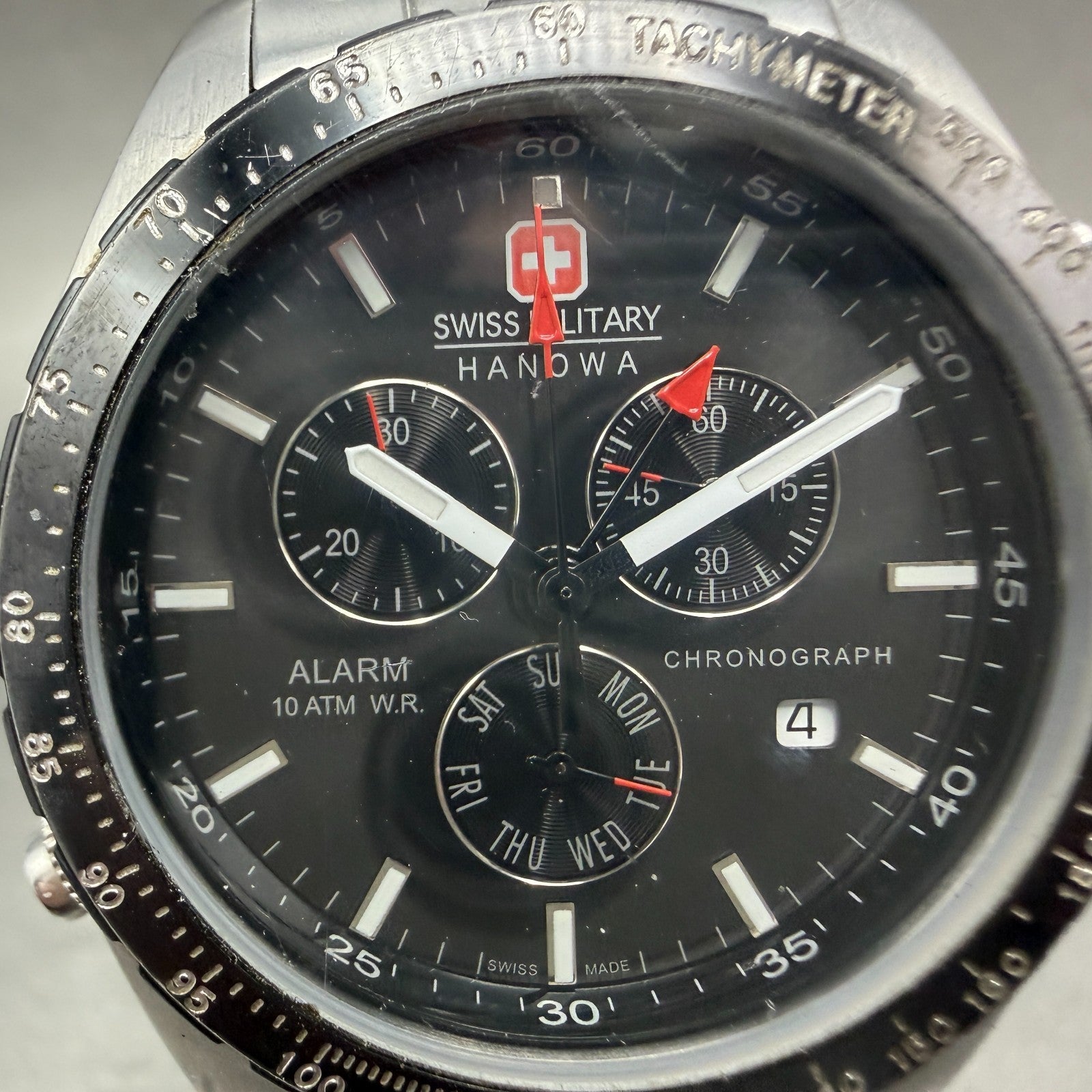 Swiss Military Chronograph Watch Men 40mm Black Dial Silver Alarm Daydate NewBat1