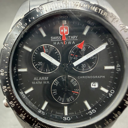 Swiss Military Chronograph Watch Men 40mm Black Dial Silver Alarm Daydate NewBat1