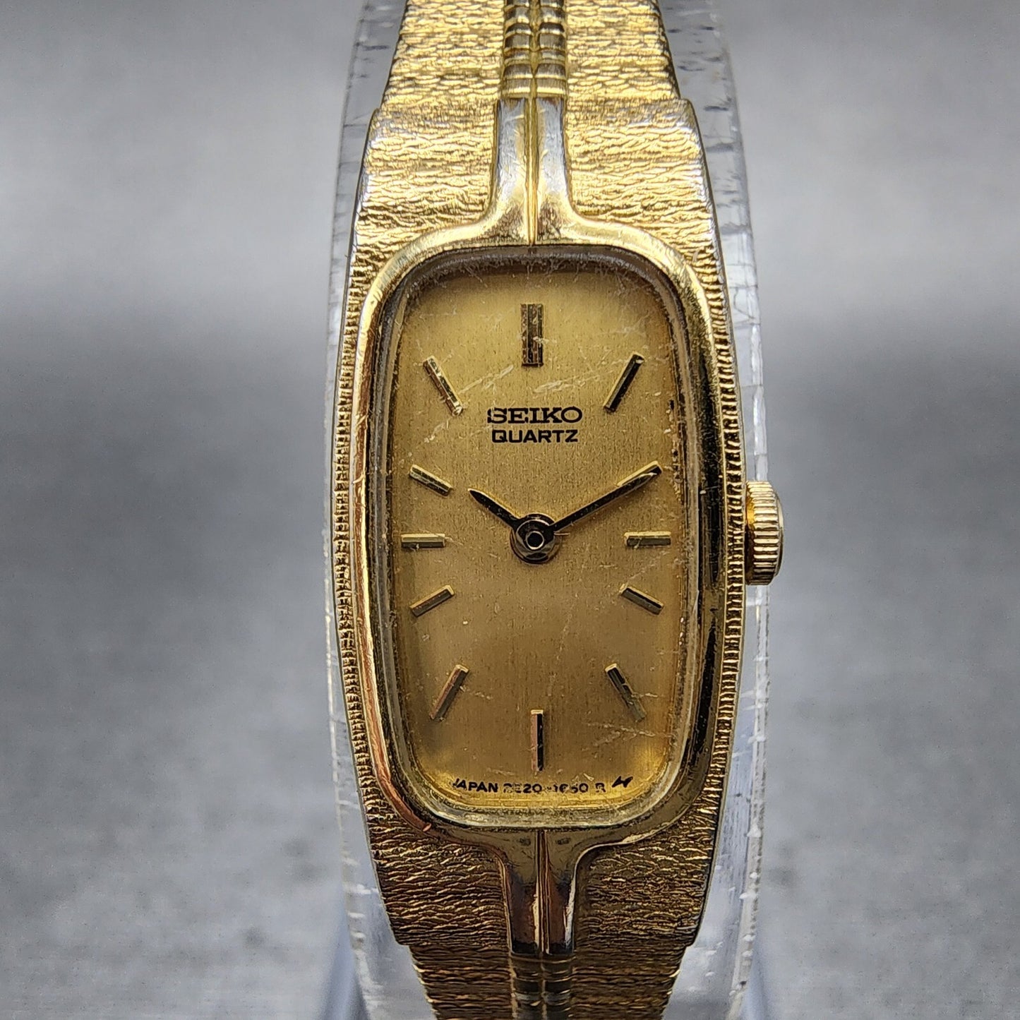 Seiko Tank Watch Women 13mm Gold Dial Gold Tone Rectangle 2E206310 New BatteryA1