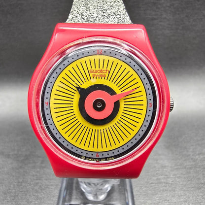 Swatch Radio Button Watch Men 34mm Yellow Dial Red Case Round GR153 New Battery0