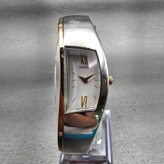 Seiko Watch Women 16mm White Dial Two Tone Asymmetrical 1F20-0AL0 New Battery0