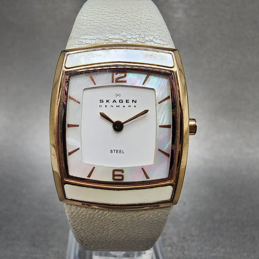 Skagen Tank Watch Women 24mm MOP Dial Rose Gold Tone Rectangle New Battery0