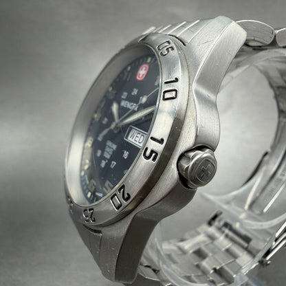 Wenger Dive Watch Men 38mm Black Dial Silver Tone Daydate Round New Battery2