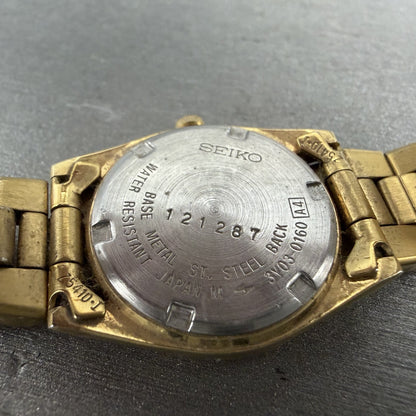 Seiko SQ Watch Women 24mm Black Dial Gold Tone Daydate 24mm Round New Battery 9R9