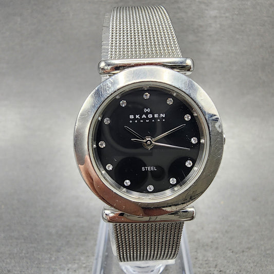 Skagen Watch Women 26mm Black Dial Silver Tone Round 107SSSBD New Battery0