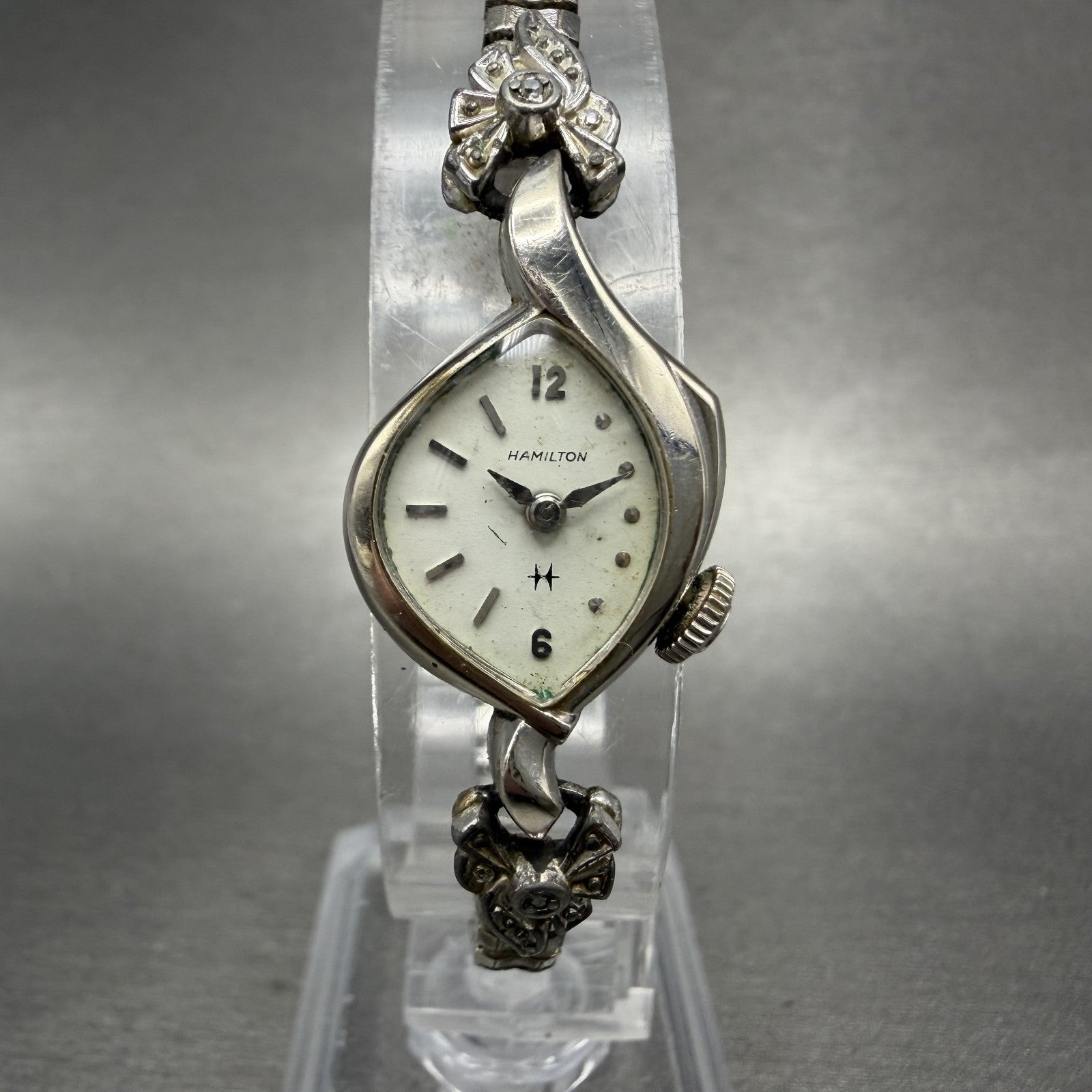 Hamilton Watch Women 17mm White Dial 10K White Gold Filled Manual Asymmetrical0