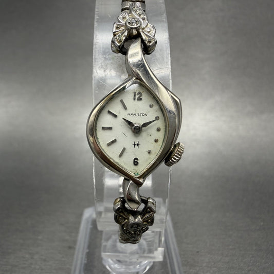 Hamilton Watch Women 17mm White Dial 10K White Gold Filled Manual Asymmetrical0