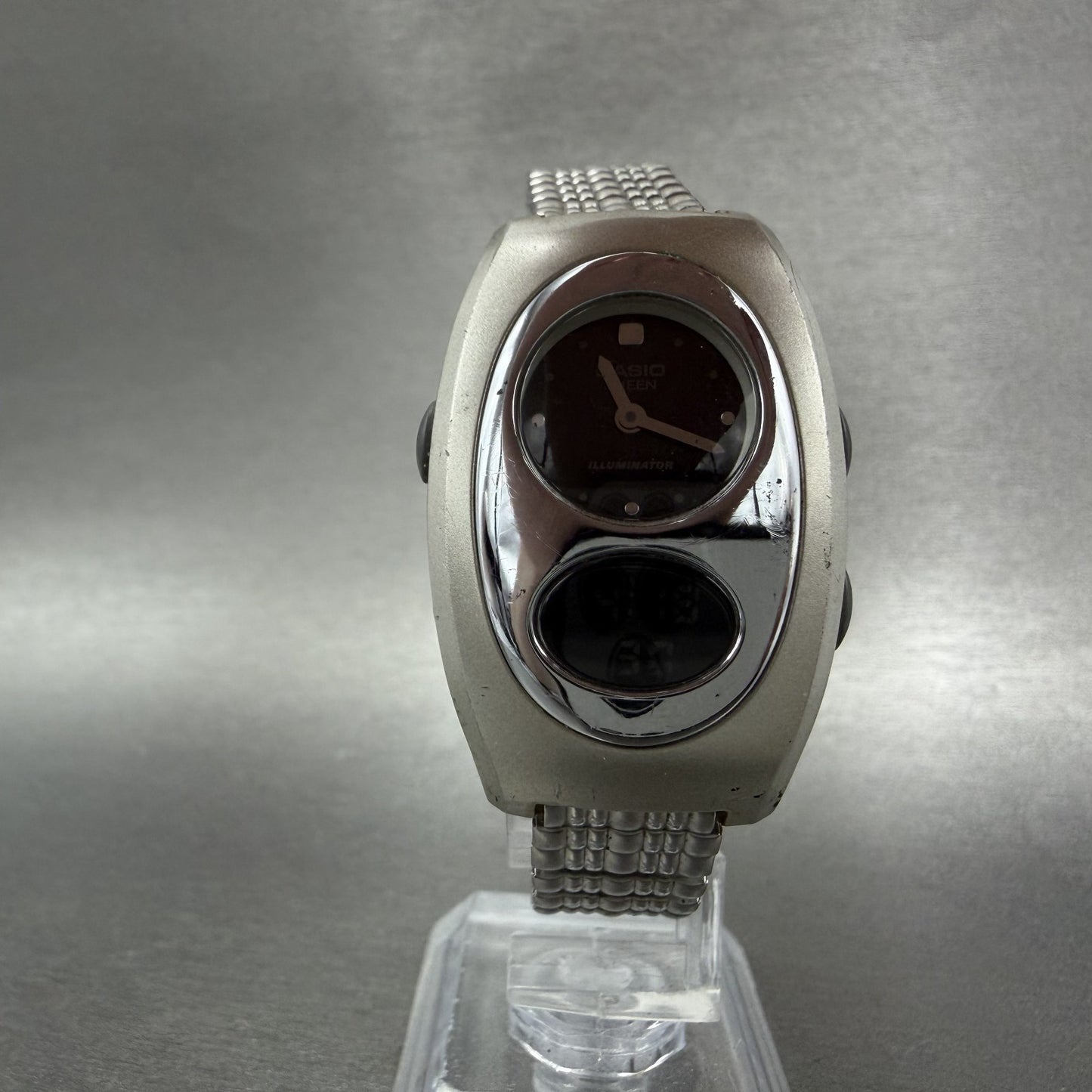 Casio Sheen Watch Women 27mm Analog Digital Silver Tone Alarm Chrono New Battery5