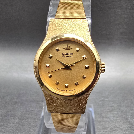 Seiko Watch Women 20mm Gold Dial Gold Tone Round 8Y21-0020 New Battery Vintage 40