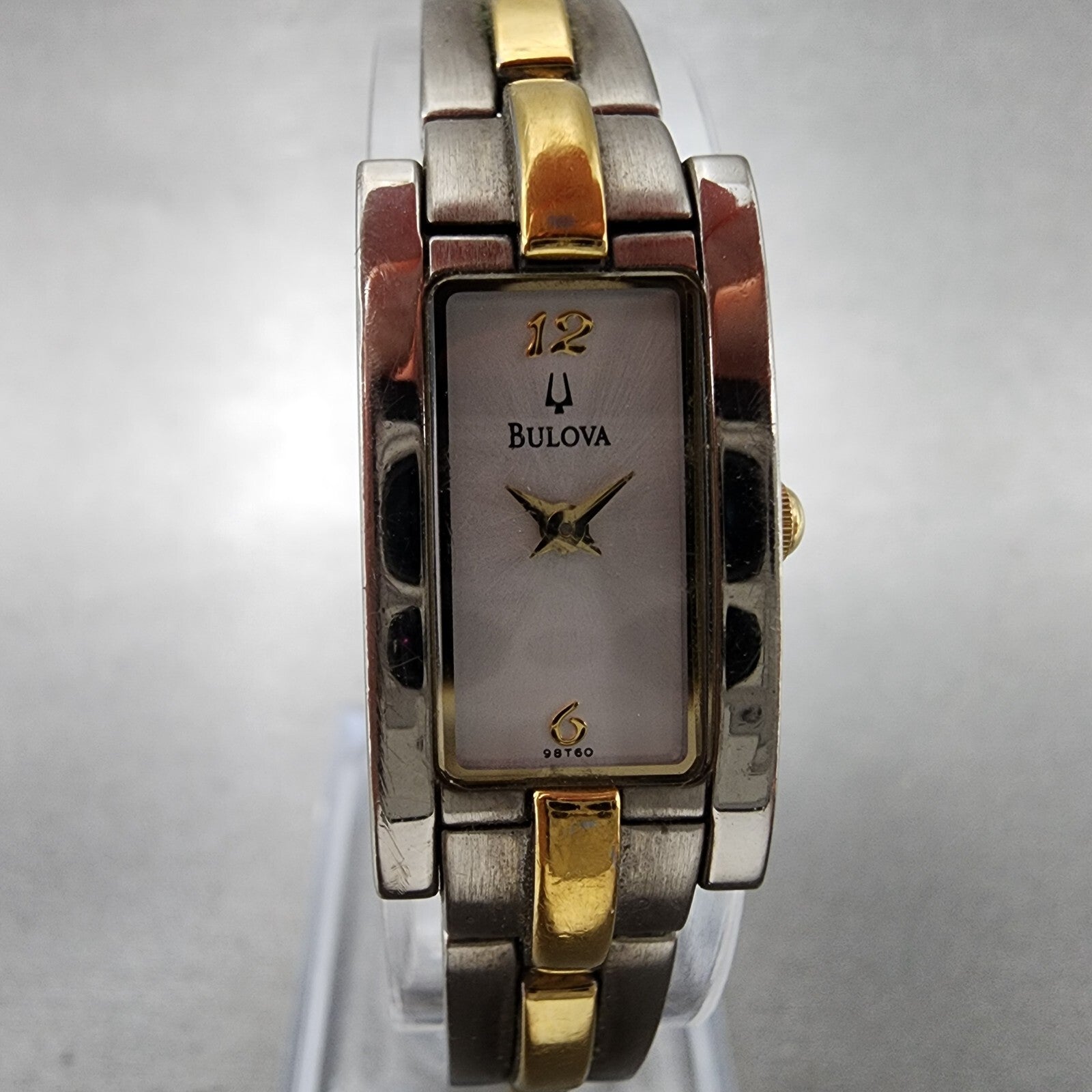 Bulova Tank Watch Women 14mm Silver Dial Two Tone Rectangle 98T60 New Battery1