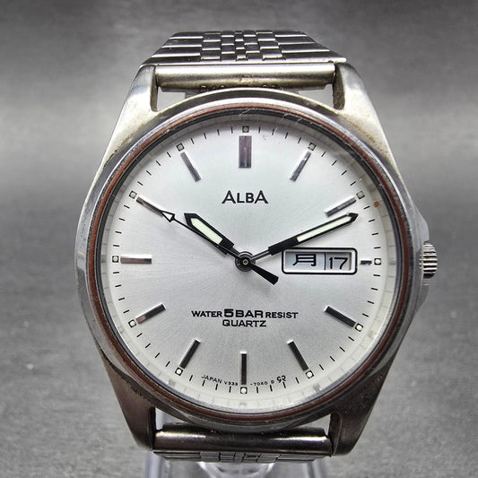 Seiko Alba Watch Men 35mm White Dial Silver Tone Daydate Round V333-7030 PARTS0