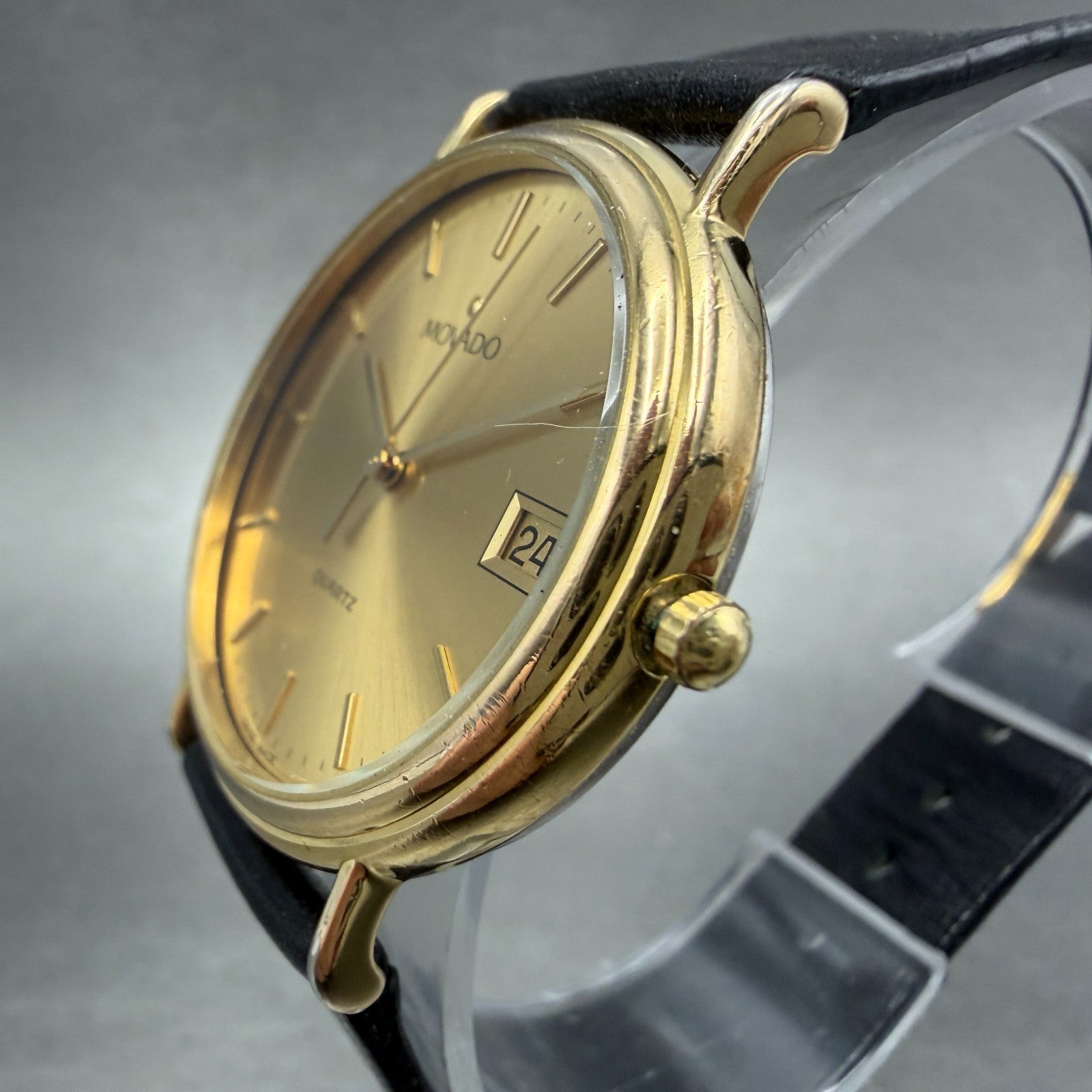 Movado Watch Men 34mm Gold Dial Gold Tone Date Round 87-A4-885 Leather New Batt2