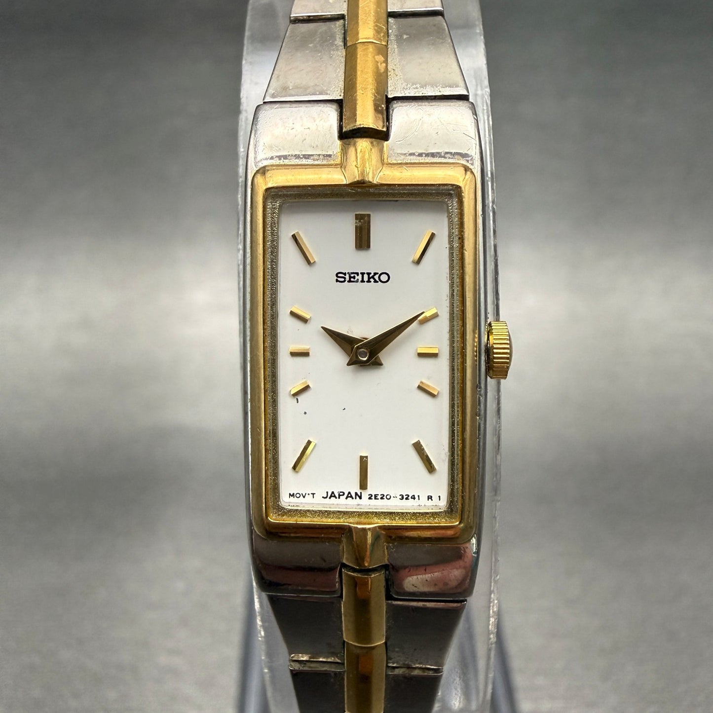Seiko Watch Women 13mm White Dial Two Tone Rectangle 2E20-7479 New Battery0