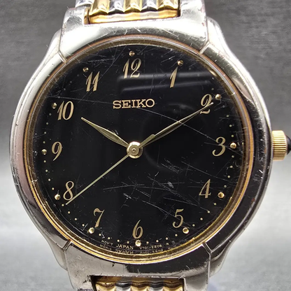 Seiko Watch Men 32mm Black Dial Two Tone Round V701-2B70 New Battery Vintage1