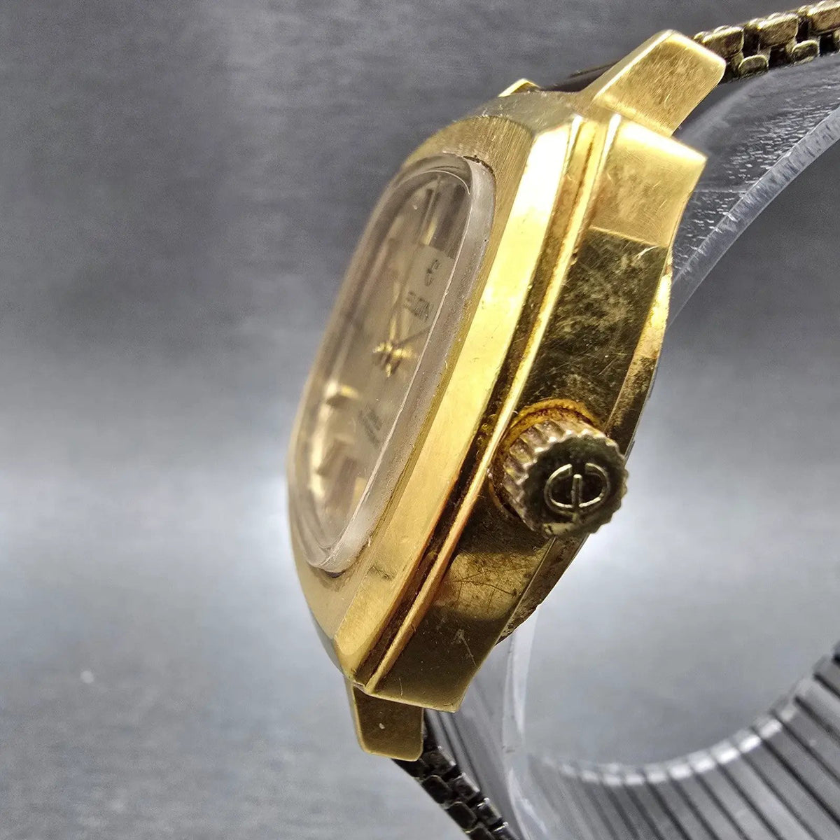 Elgin Automatic Watch Men 33mm Gold Dial Gold Tone Date Rectangle Eta 2873 PARTS3