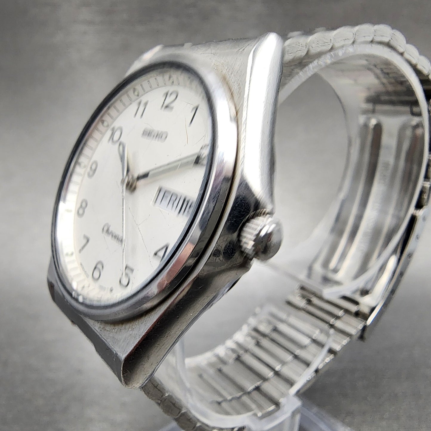 VTG Seiko Chronos Watch Men 33mm White Dial Silver Tone Daydate Round New Batt2