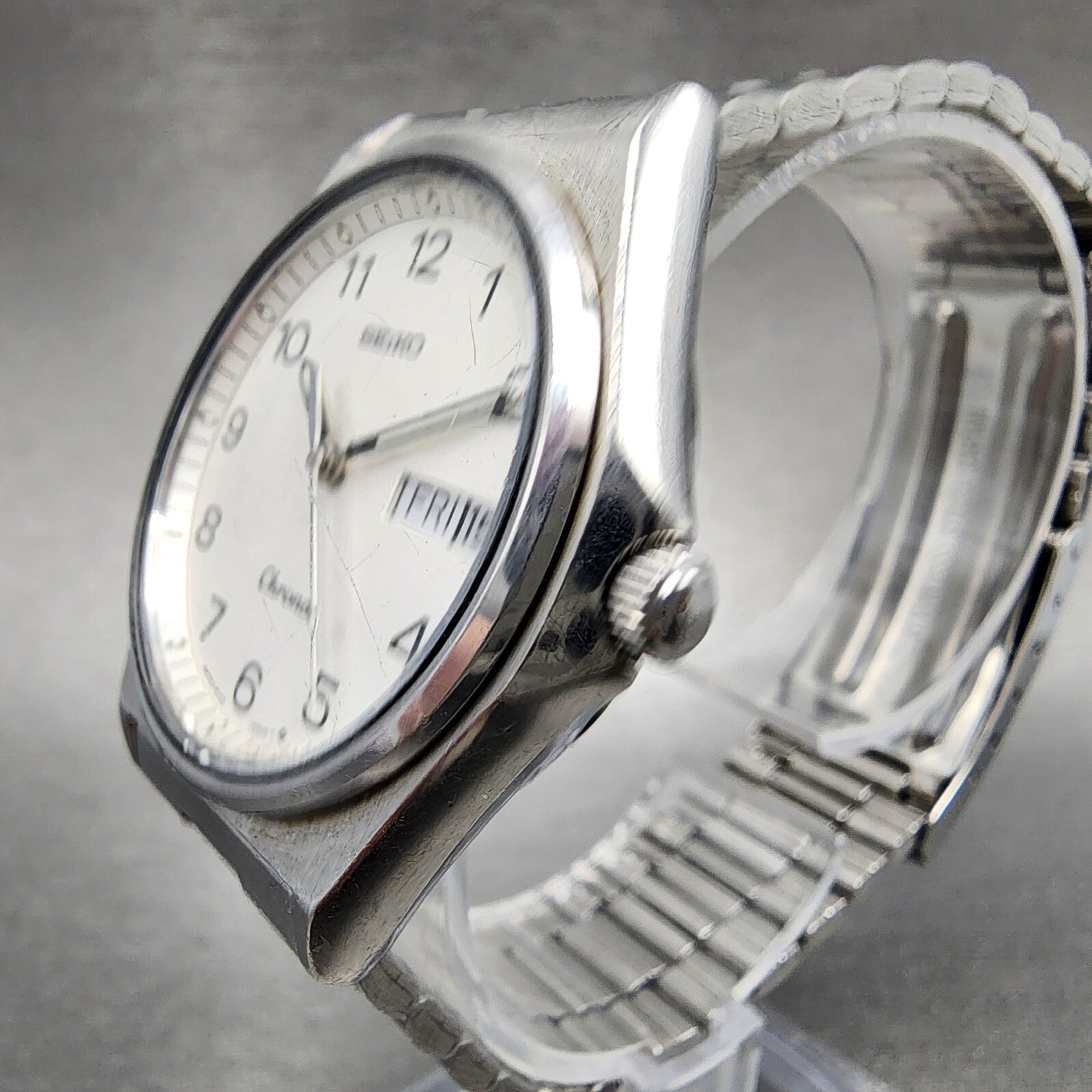 VTG Seiko Chronos Watch Men 33mm White Dial Silver Tone Daydate Round New Batt2