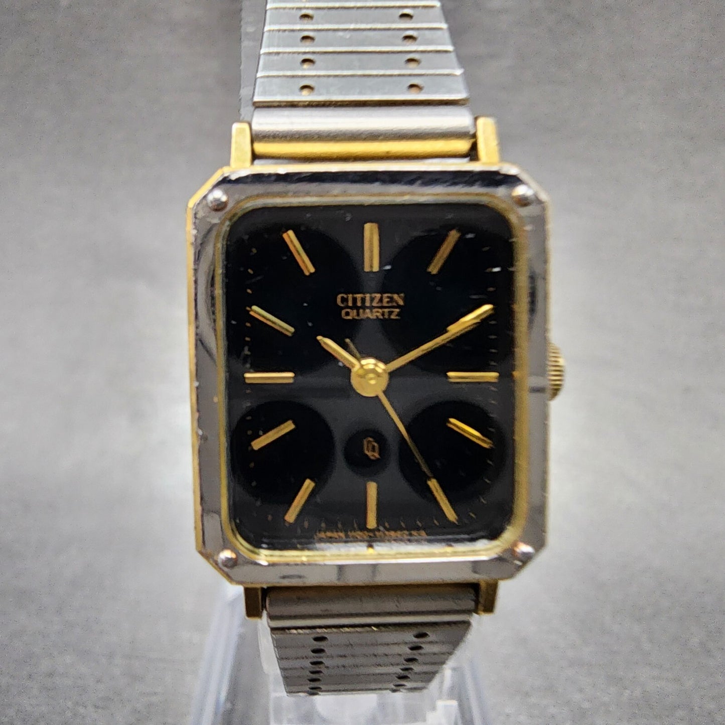 Citizen CQ Tank Watch Women 19mm Black Dial Two Tone Rectangle 4106636 New Batt0