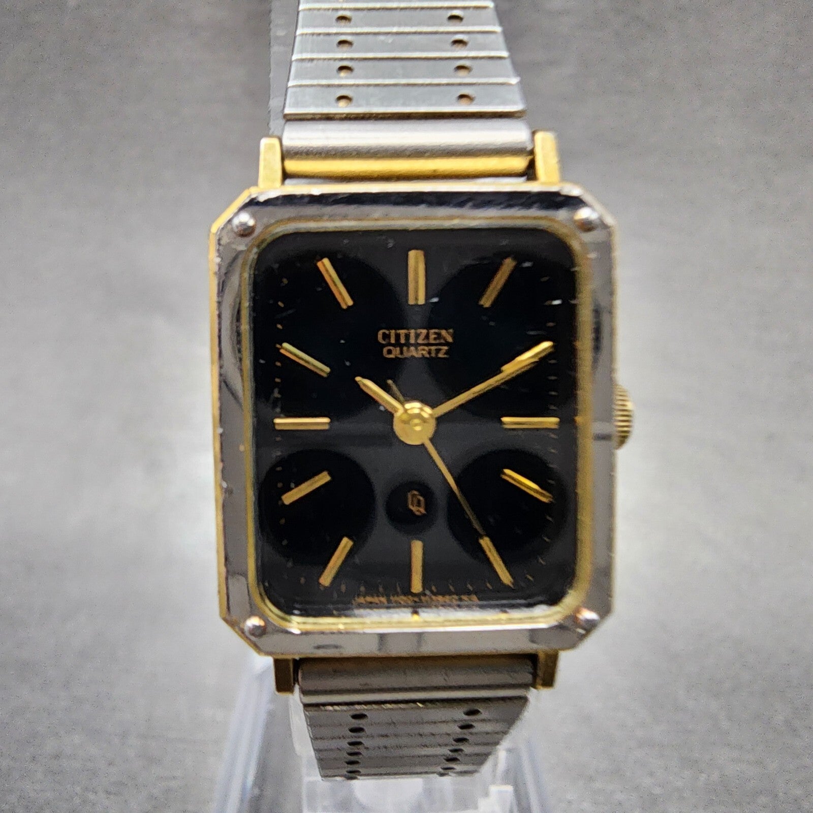 Citizen CQ Tank Watch Women 19mm Black Dial Two Tone Rectangle 4106636 New Batt0