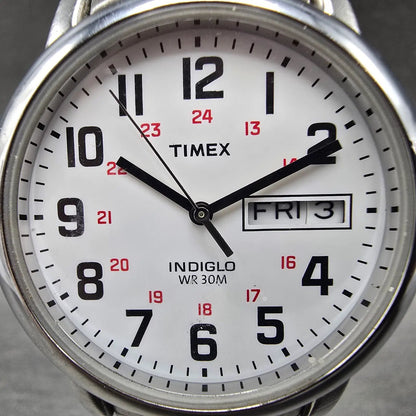 Timex Easy Reader Watch Men 35mm White Dial Silver Tone Daydate T20461 New Battb1