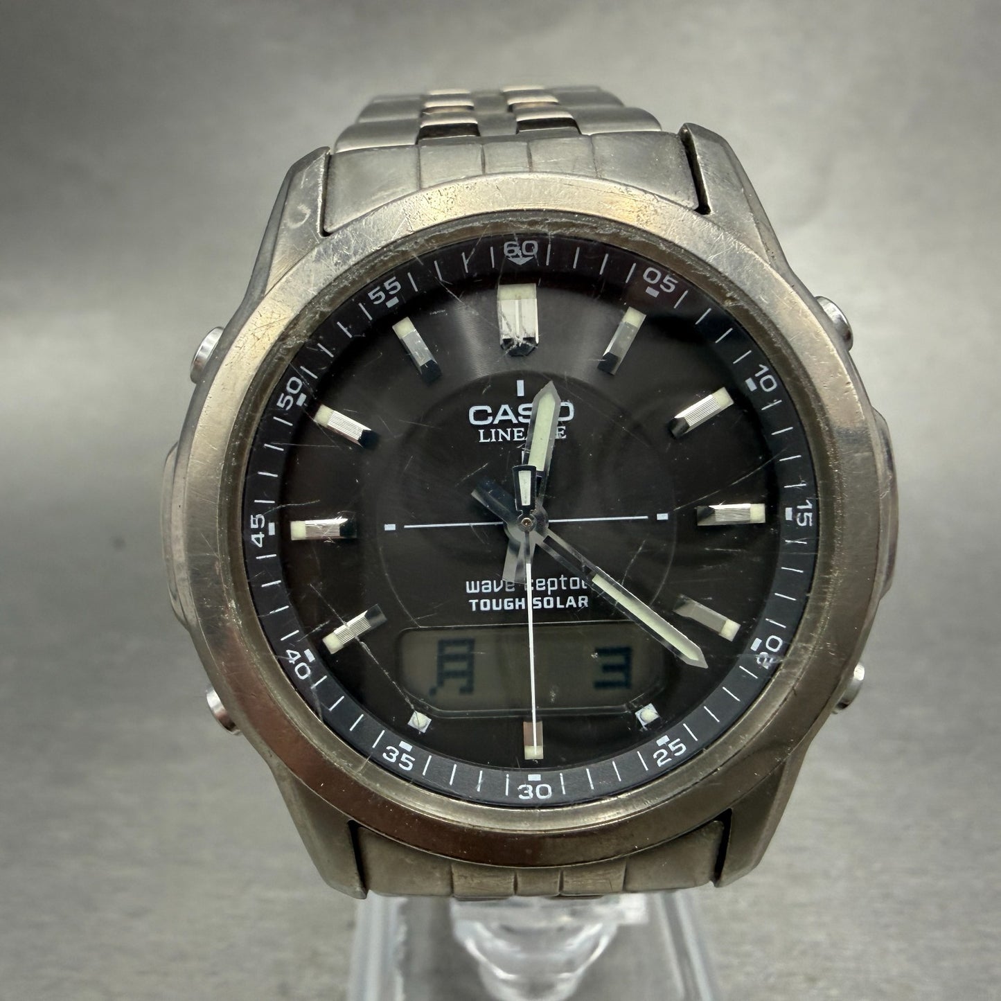 Casio Lineage Watch Men 41mm Gray Dial Titanium Ana Digi Alarm Chrono Works AVS0