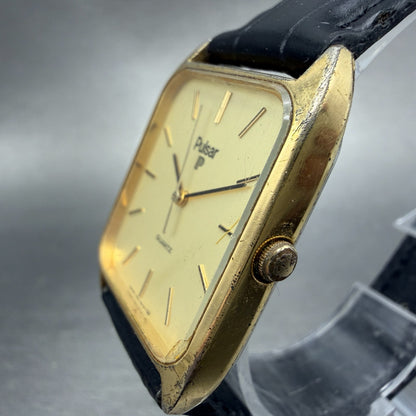 Seiko Pulsar Tank Watch Men 27mm Champagne Dial Gold Tone V321-5150 New Battery2