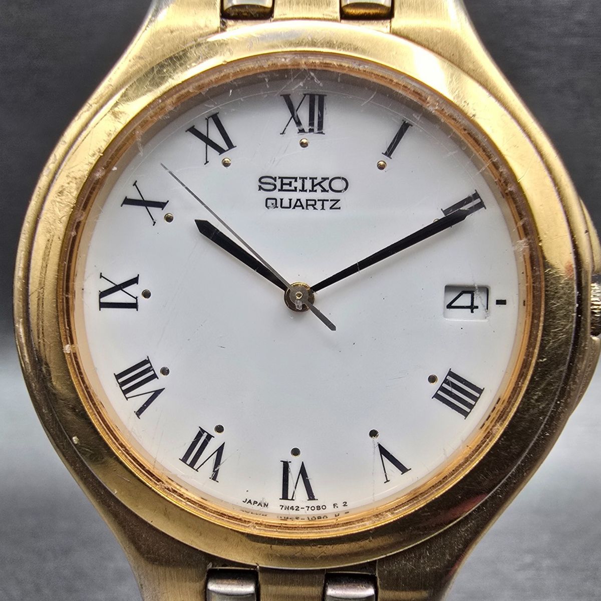 Seiko Watch Men 35mm White Dial Gold Tone Date Round 7N42-7030 New Battery VTG1