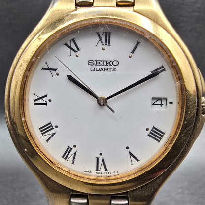 Seiko Watch Men 35mm White Dial Gold Tone Date Round 7N42-7030 New Battery VTG1