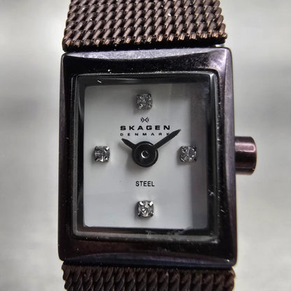 Skagen Denmark Watch Women 12mm White Dial Brown Tone Rectangle 382SSBRD New Bat1