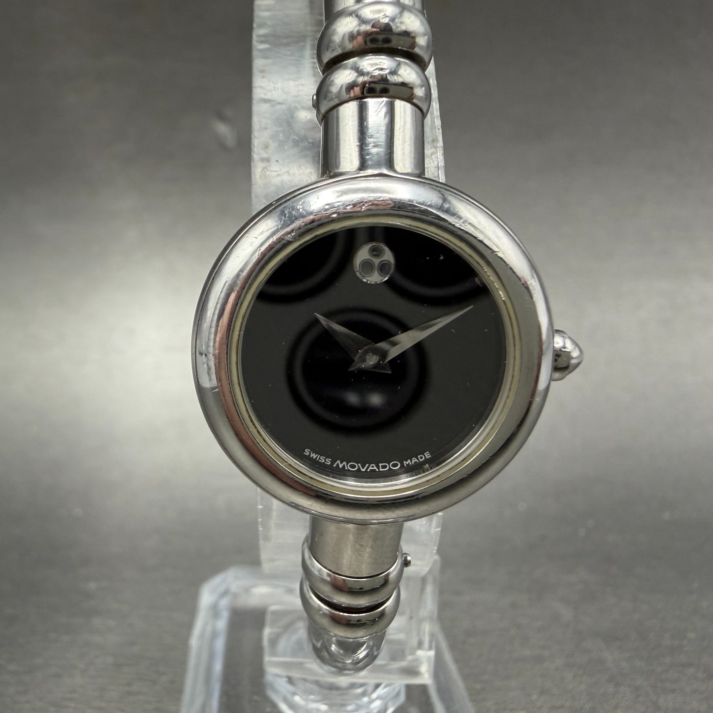 Movado Bareleto Watch Women 24mm Black Dial Stainless Steel Round Bangle NewBatH0