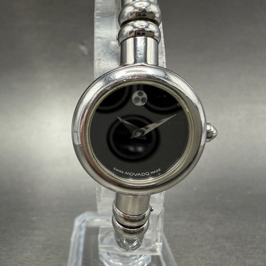 Movado Bareleto Watch Women 24mm Black Dial Stainless Steel Round Bangle NewBatH0