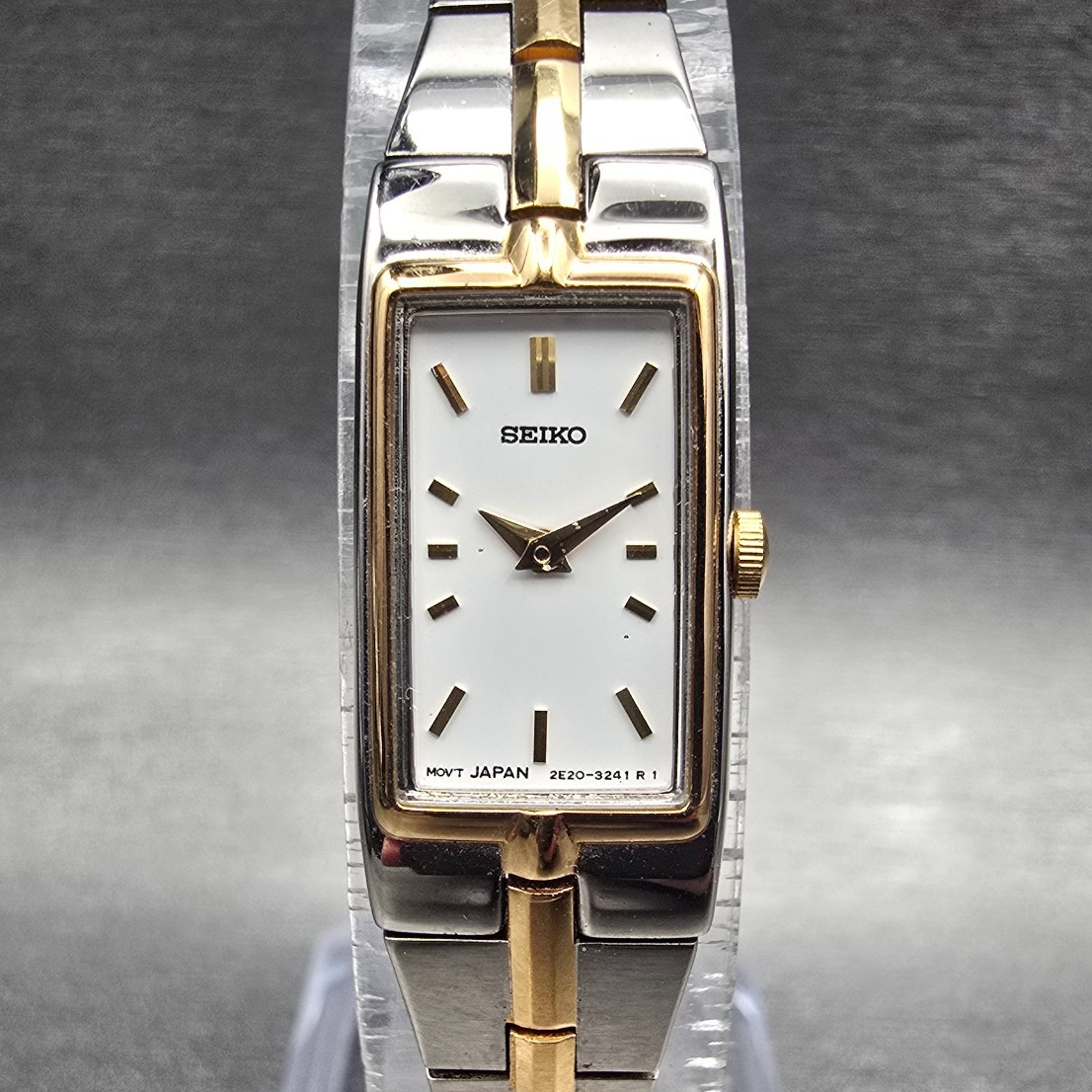 Seiko Tank Watch Women 13mm White Dial Two Tone Rectangle 2E20-7479 New Batteryv0