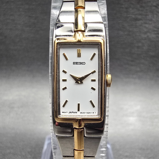 Seiko Tank Watch Women 13mm White Dial Two Tone Rectangle 2E20-7479 New Batteryv0