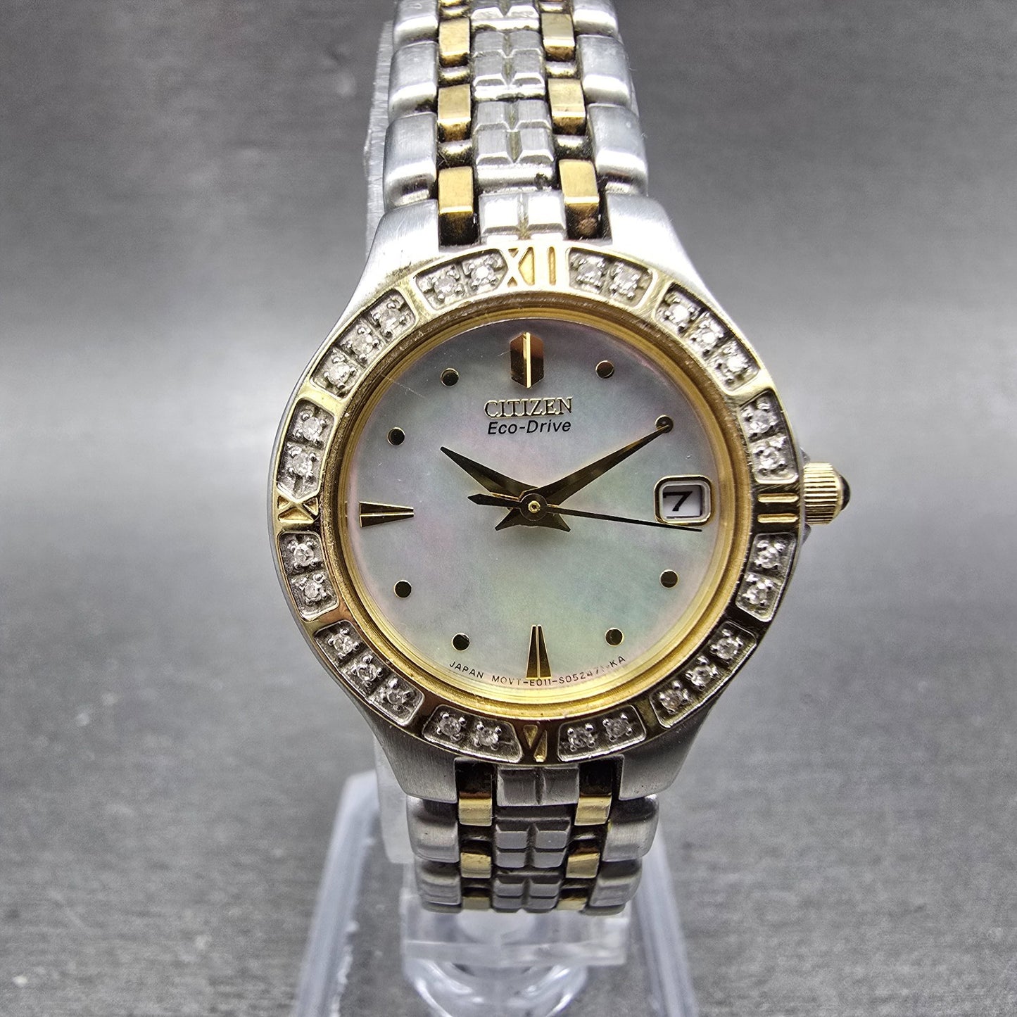 Citizen Eco-Drive Lucca Watch Women 25mm MOP Dial Two Tone Date Diamonds Runs0
