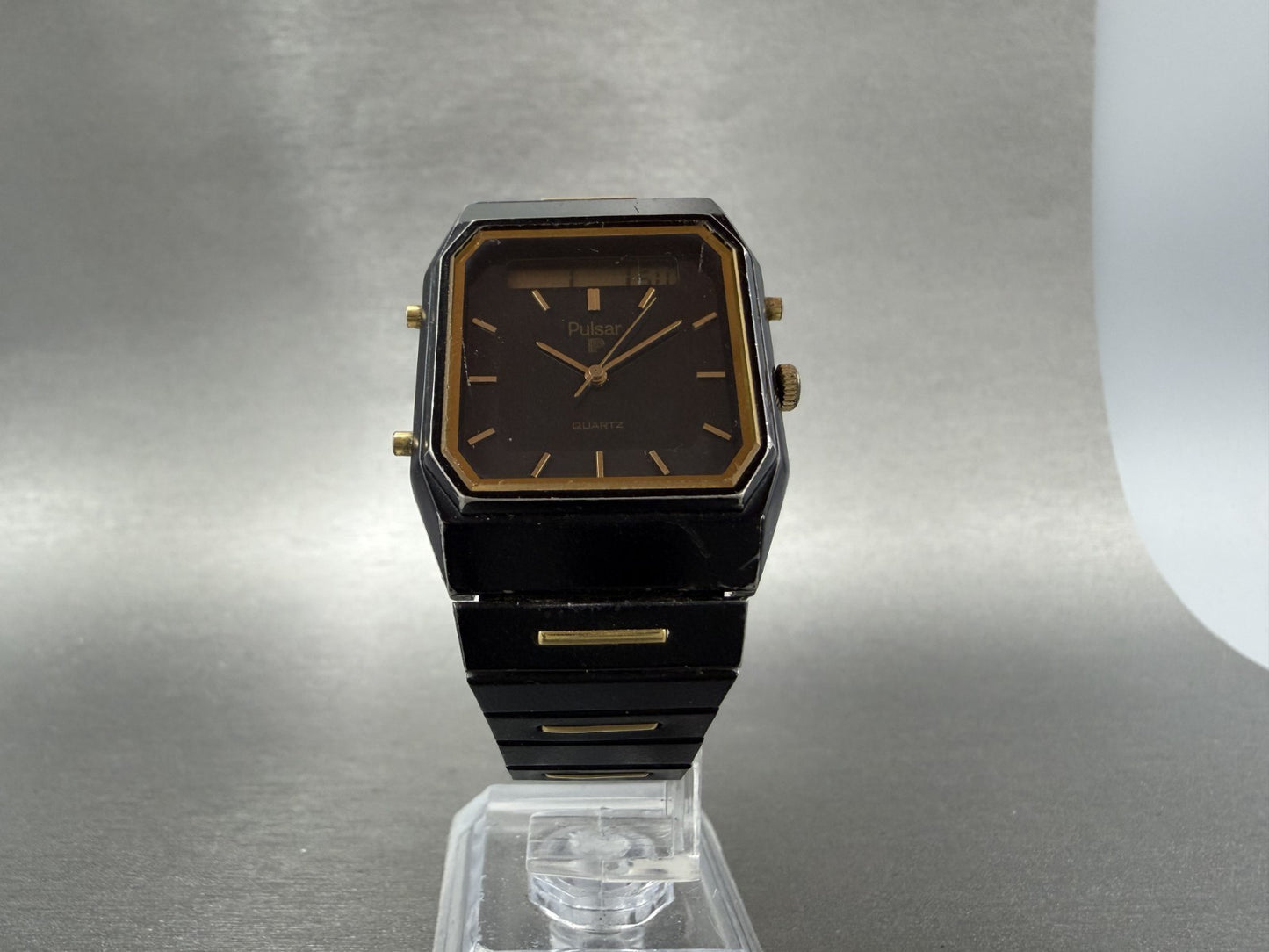 Pulsar Analog Digital Watch Men 30mm Black Dial Black Gold Chrono READ!!! V0315