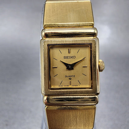 Seiko Watch Women 14mm Gold Dial Gold Tone Square 1E205030 New Battery1