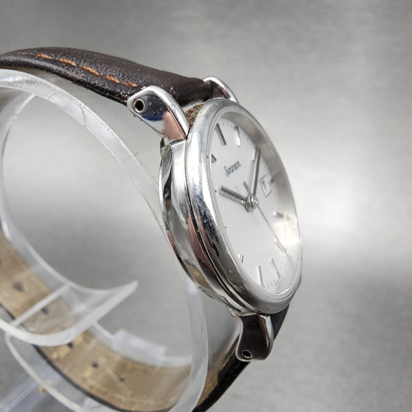 Swanson Watch Women 24mm Silver Dial Steel Date Round Leather New Battery