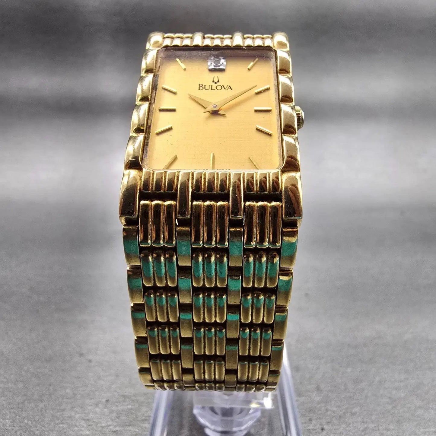 Bulova Watch Men 23mm Gold Dial Gold Tone Diamond Rectangle 97D05 New Battery5