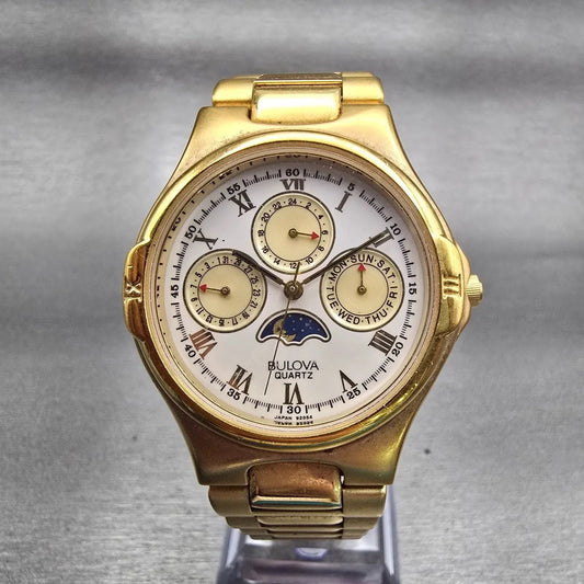 Bulova Moon Phase Watch Men 35mm White Dial Gold Tone Daydate 92D54 New Battery0