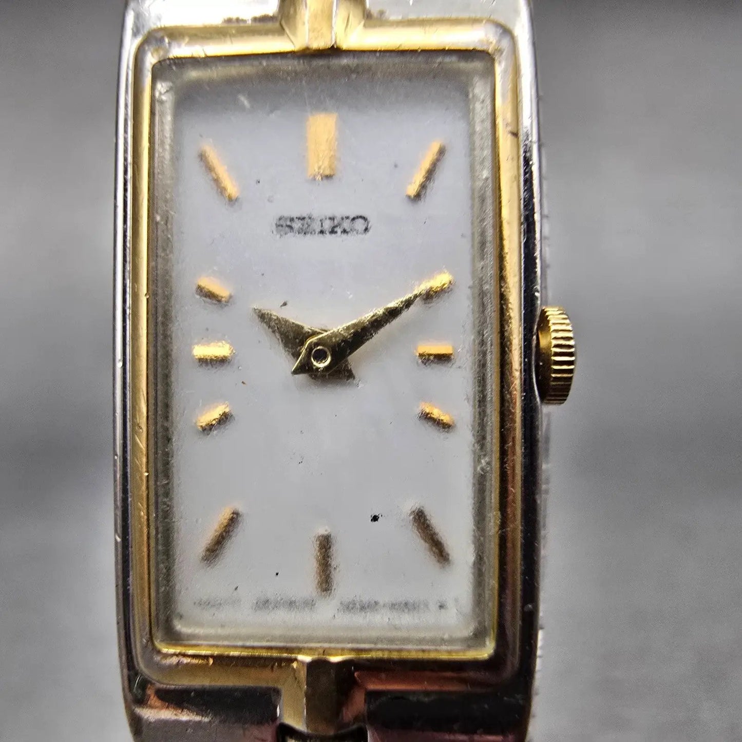 Seiko Watch Women 13mm White Dial Two Tone Rectangle 2E20-7479 New Battery VTG1