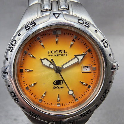 Fossil Blue Dive Watch Women 30mm Orange Dial Silver Tone Date AM3578 New Batt1