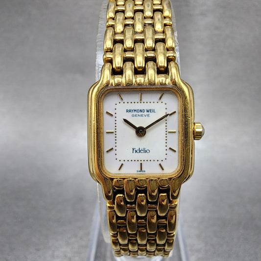 Raymond Weil Fidelio Tank Watch Women 17mm White Dial Gold Tone 3723 New Battery0